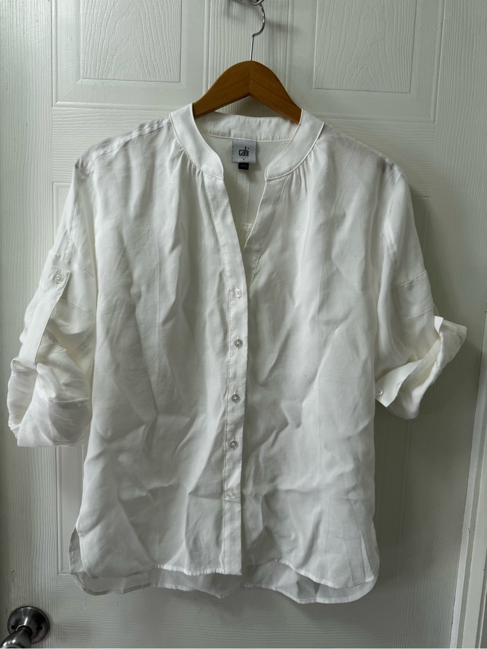 CAbi White Button-Front Roll-Tab Shirt
